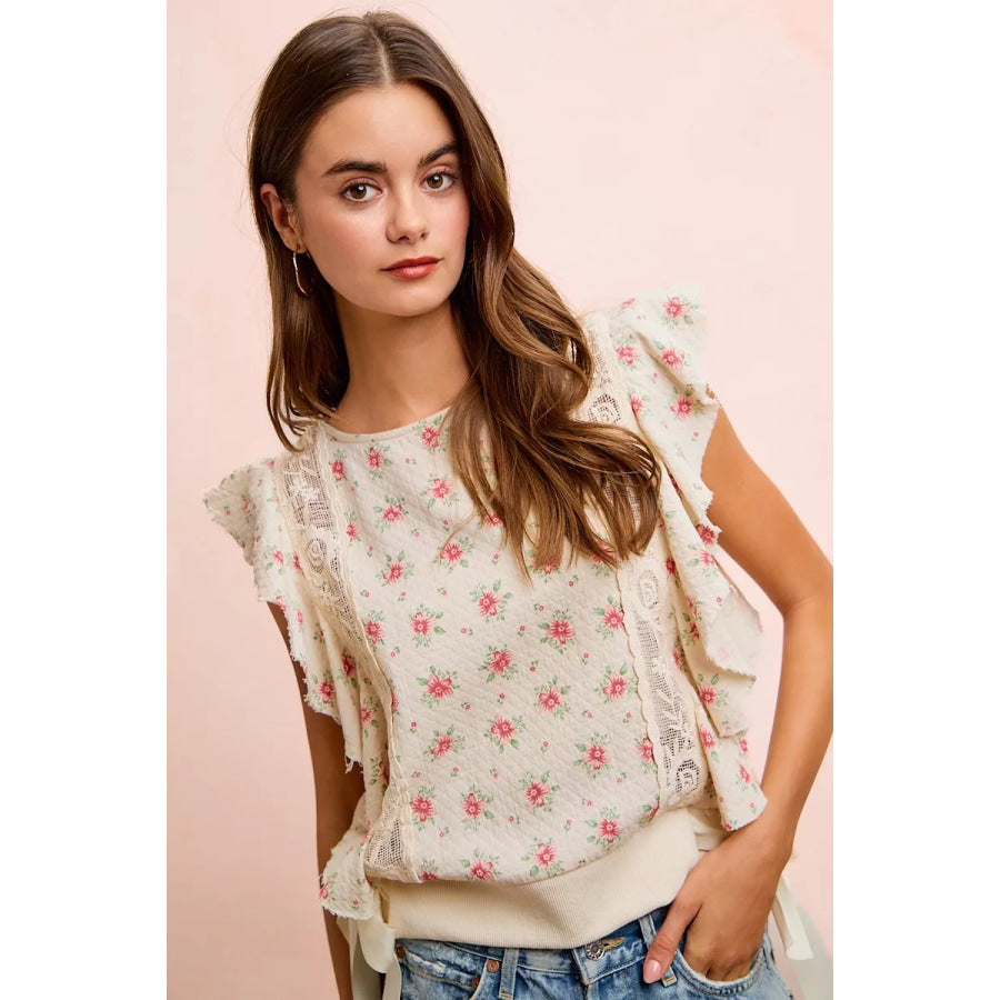 BiBi Flower Printed Ruffle Sleeve Trim Detail Top Apparel and Accessories