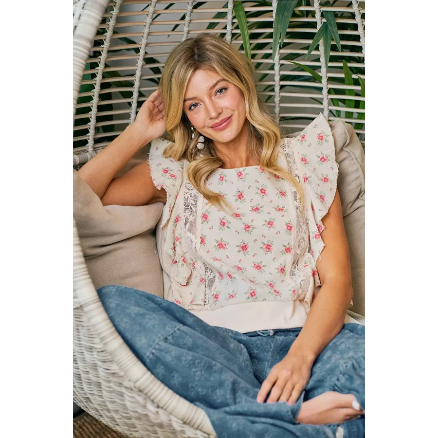 BiBi Flower Printed Ruffle Sleeve Trim Detail Top Apparel and Accessories
