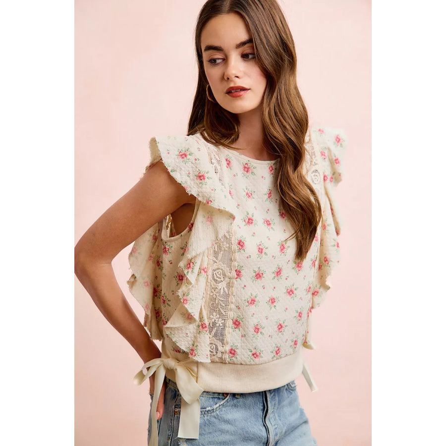 BiBi Flower Printed Ruffle Sleeve Trim Detail Top Apparel and Accessories