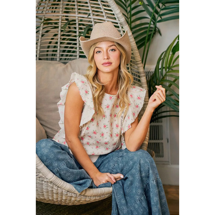 BiBi Flower Printed Ruffle Sleeve Trim Detail Top Apparel and Accessories
