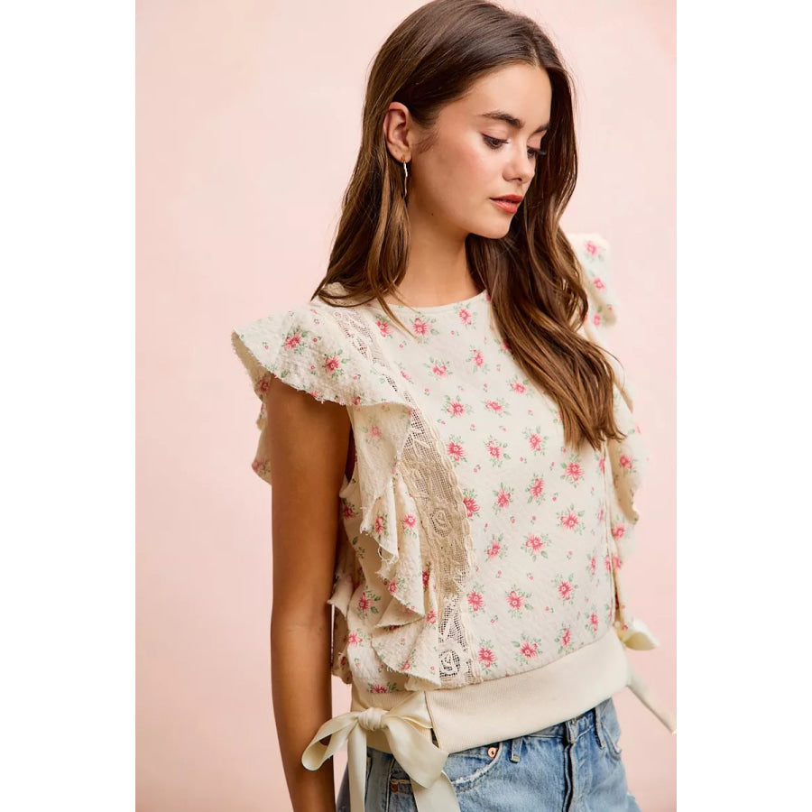 BiBi Flower Printed Ruffle Sleeve Trim Detail Top Apparel and Accessories