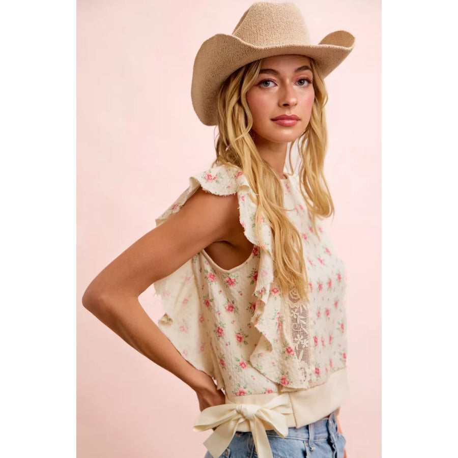 BiBi Flower Printed Ruffle Sleeve Trim Detail Top Apparel and Accessories
