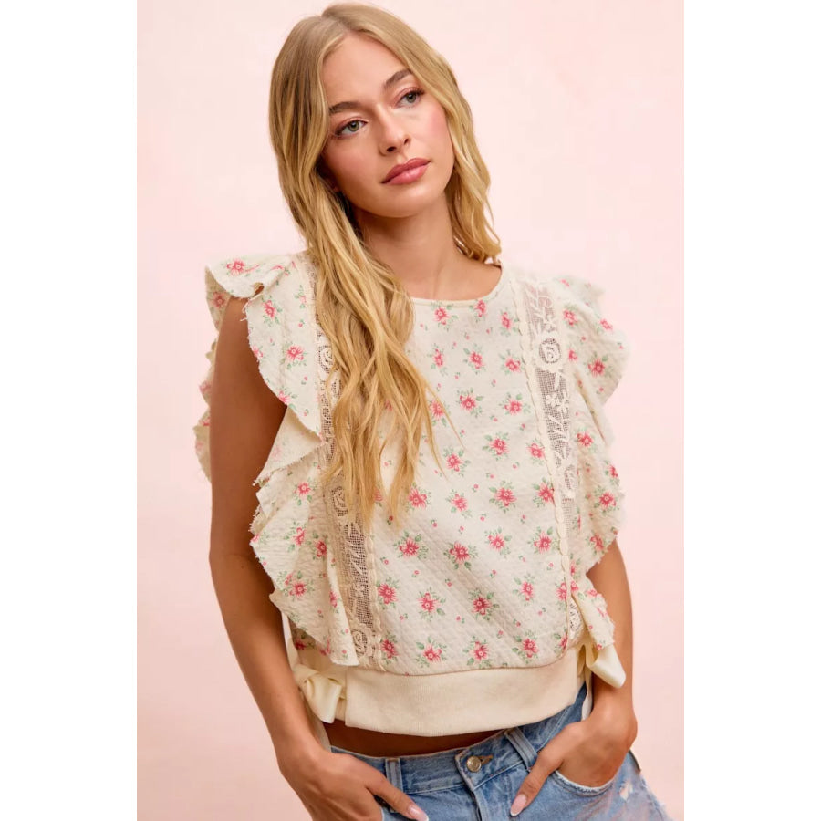 BiBi Flower Printed Ruffle Sleeve Trim Detail Top RED FLOWER / S Apparel and Accessories