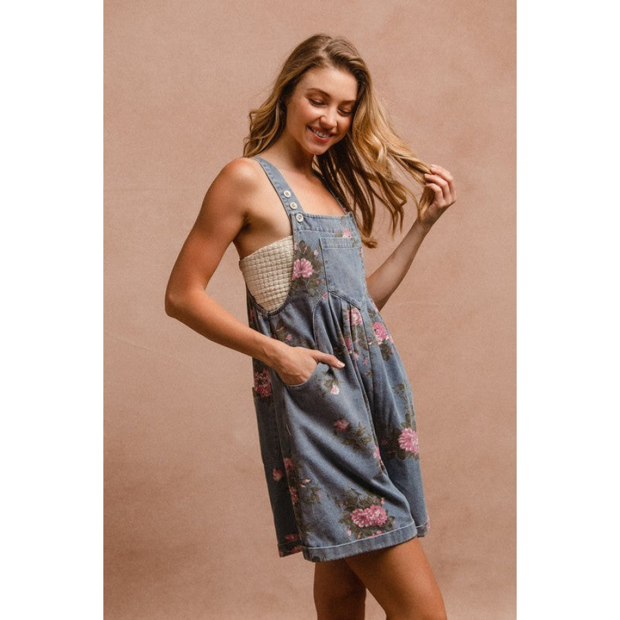 BiBi Flower Printed Wide Strap Denim Overalls Apparel and Accessories