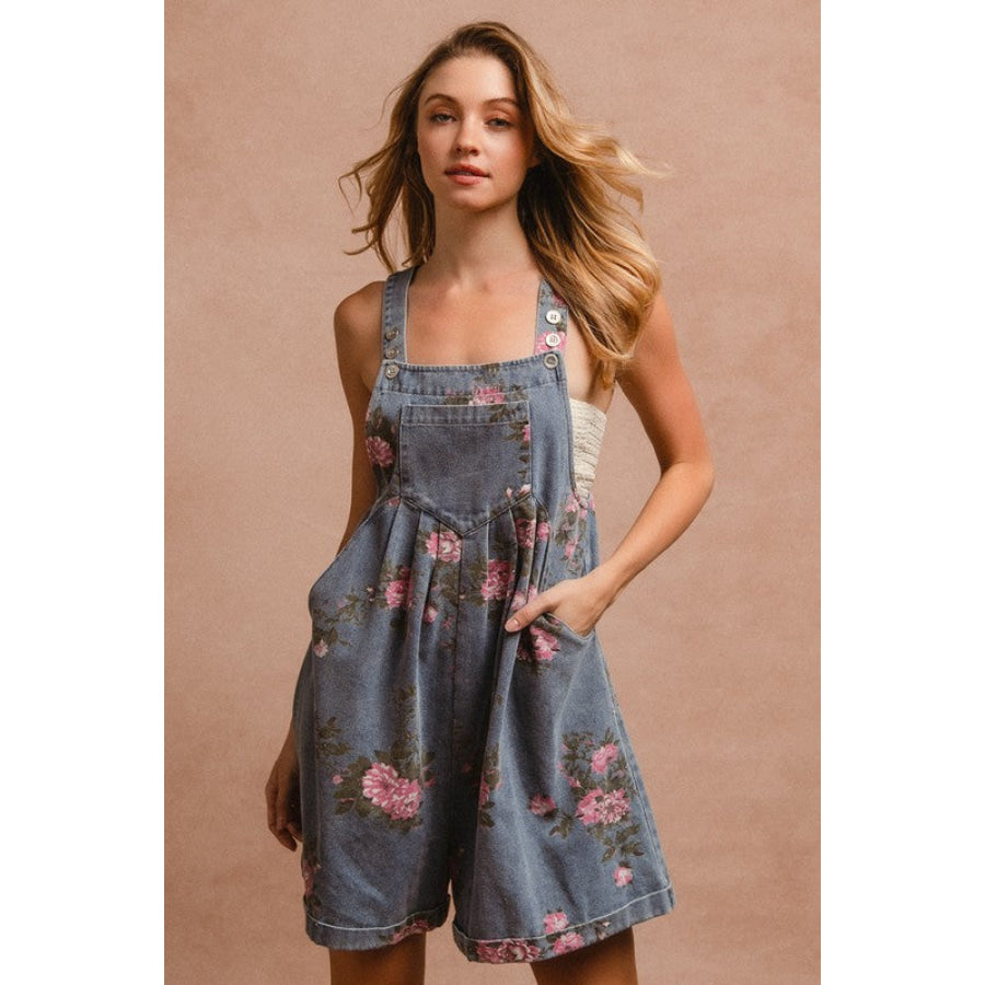 BiBi Flower Printed Wide Strap Denim Overalls Apparel and Accessories