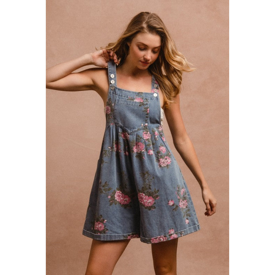 BiBi Flower Printed Wide Strap Denim Overalls Apparel and Accessories