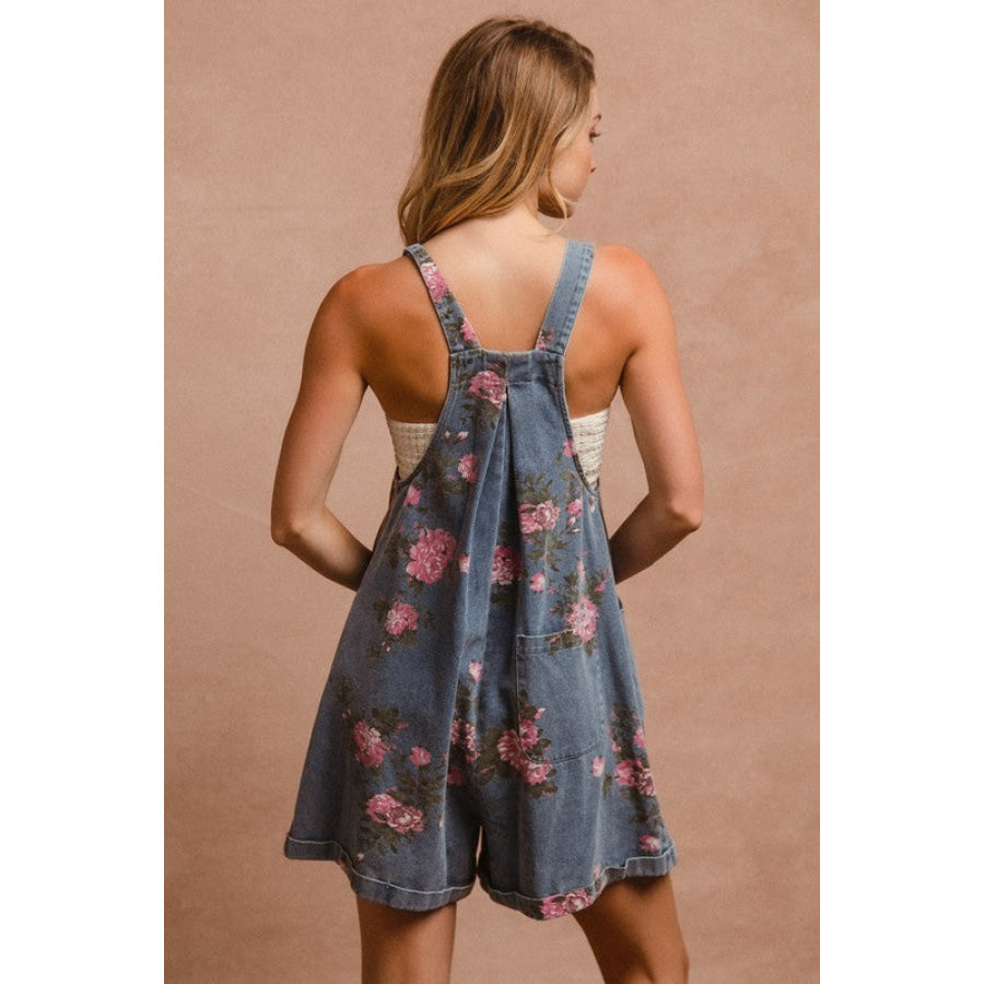 BiBi Flower Printed Wide Strap Denim Overalls Apparel and Accessories