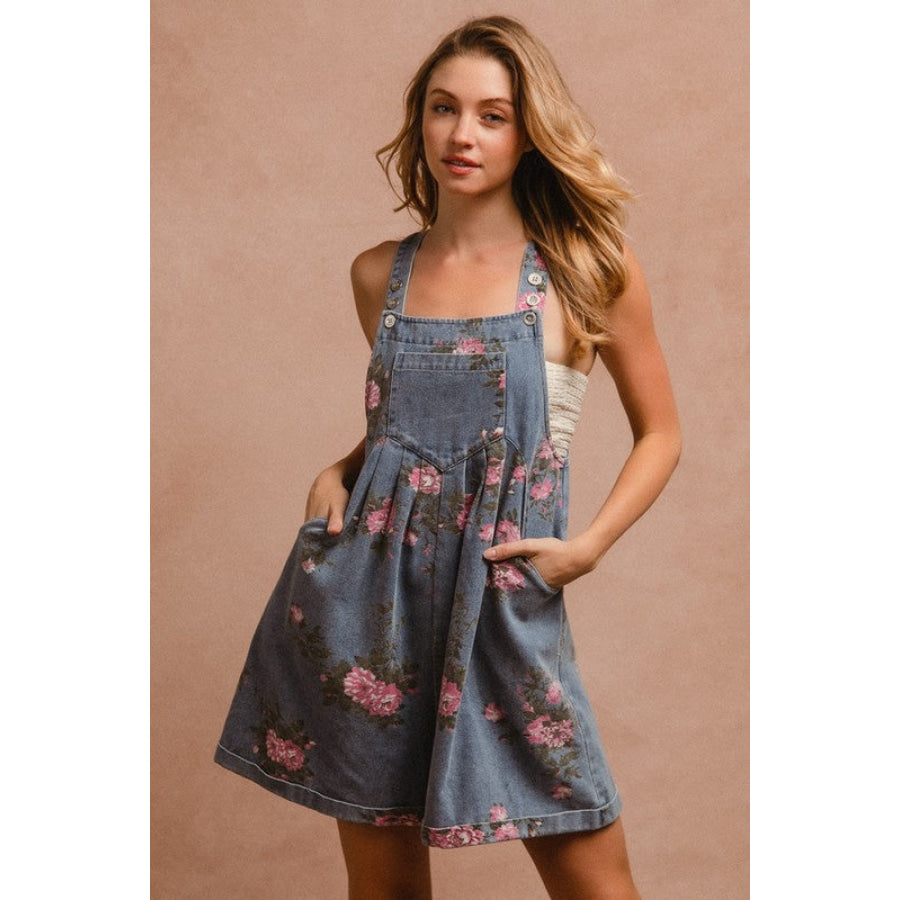 BiBi Flower Printed Wide Strap Denim Overalls Apparel and Accessories