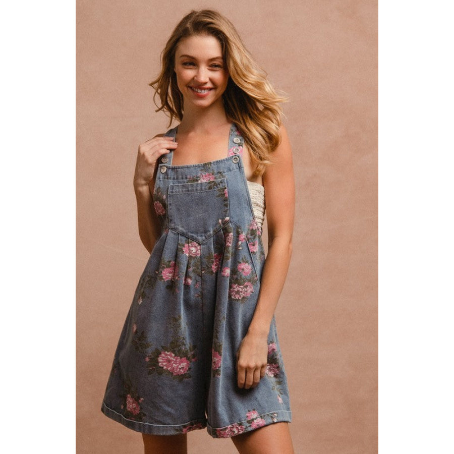 BiBi Flower Printed Wide Strap Denim Overalls Dark / S Apparel and Accessories