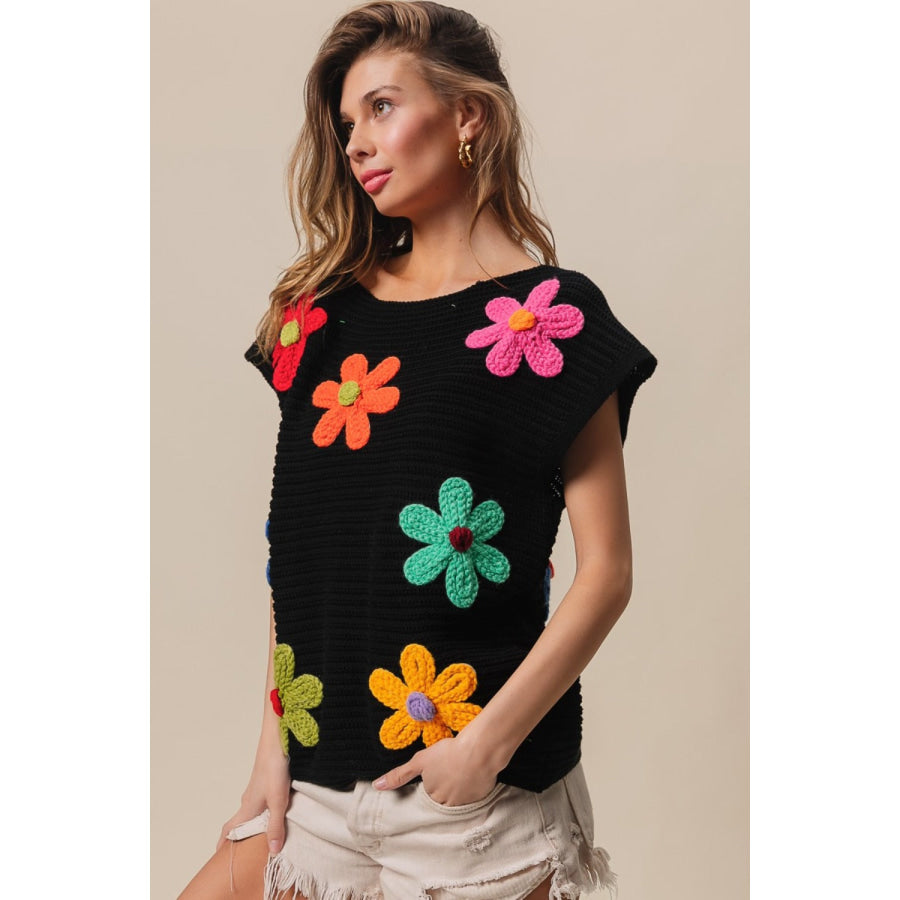 BiBi Flower Round Neck Cap Sleeve Knit Top Apparel and Accessories