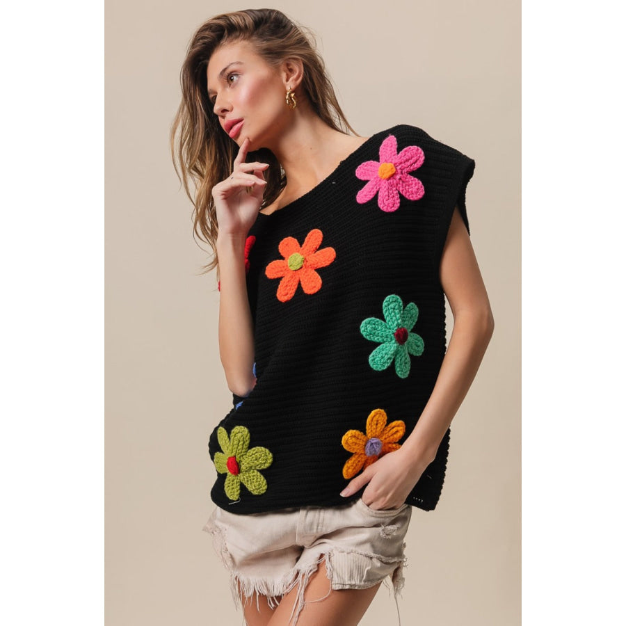 BiBi Flower Round Neck Cap Sleeve Knit Top Apparel and Accessories