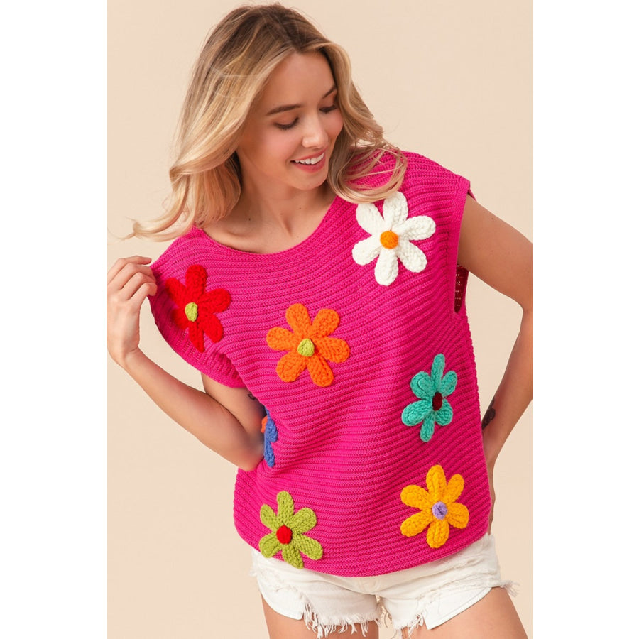 BiBi Flower Round Neck Cap Sleeve Knit Top Apparel and Accessories