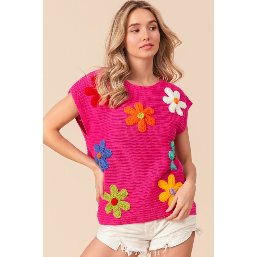 BiBi Flower Round Neck Cap Sleeve Knit Top Apparel and Accessories