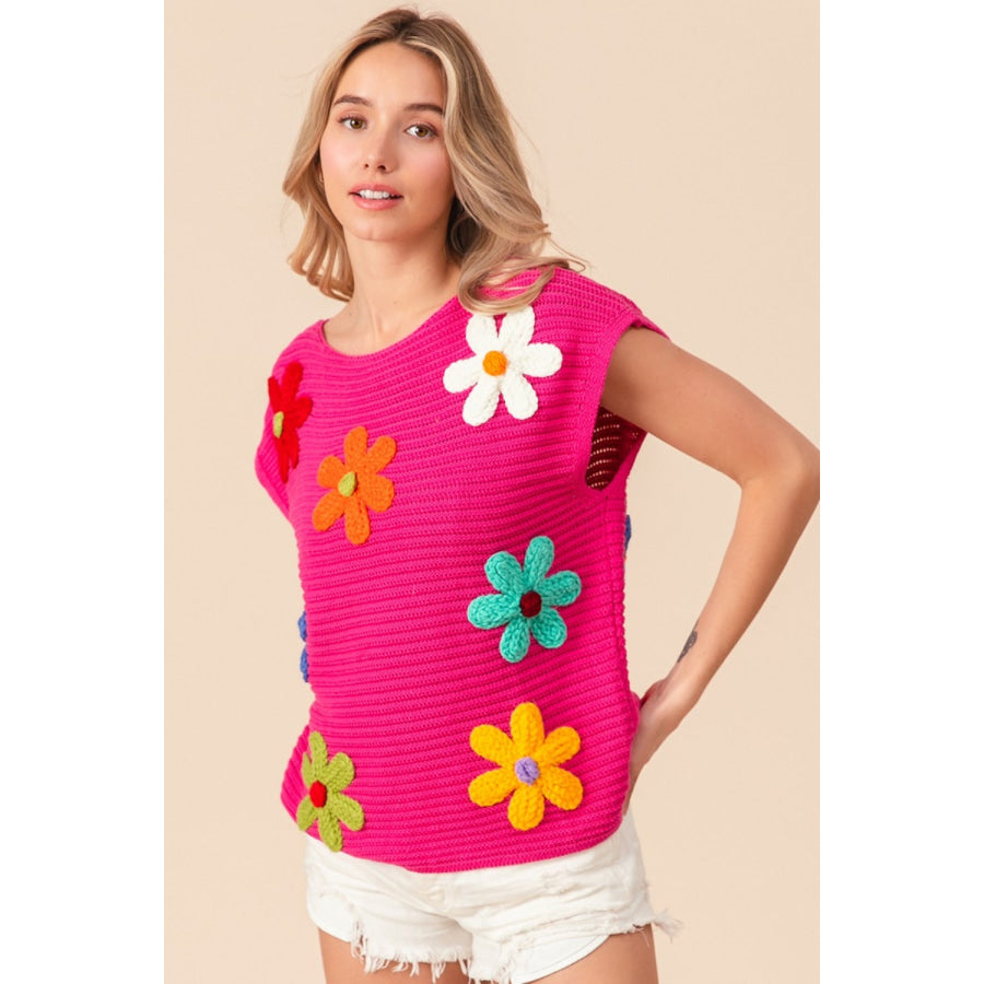 BiBi Flower Round Neck Cap Sleeve Knit Top Apparel and Accessories