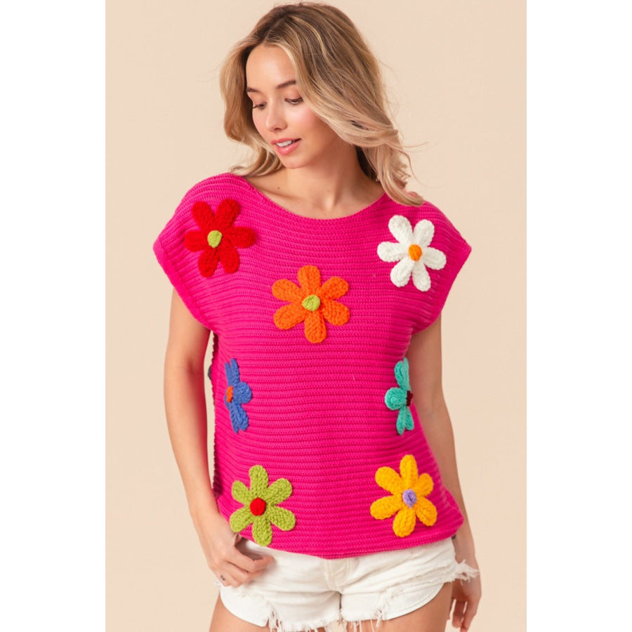 BiBi Flower Round Neck Cap Sleeve Knit Top Apparel and Accessories