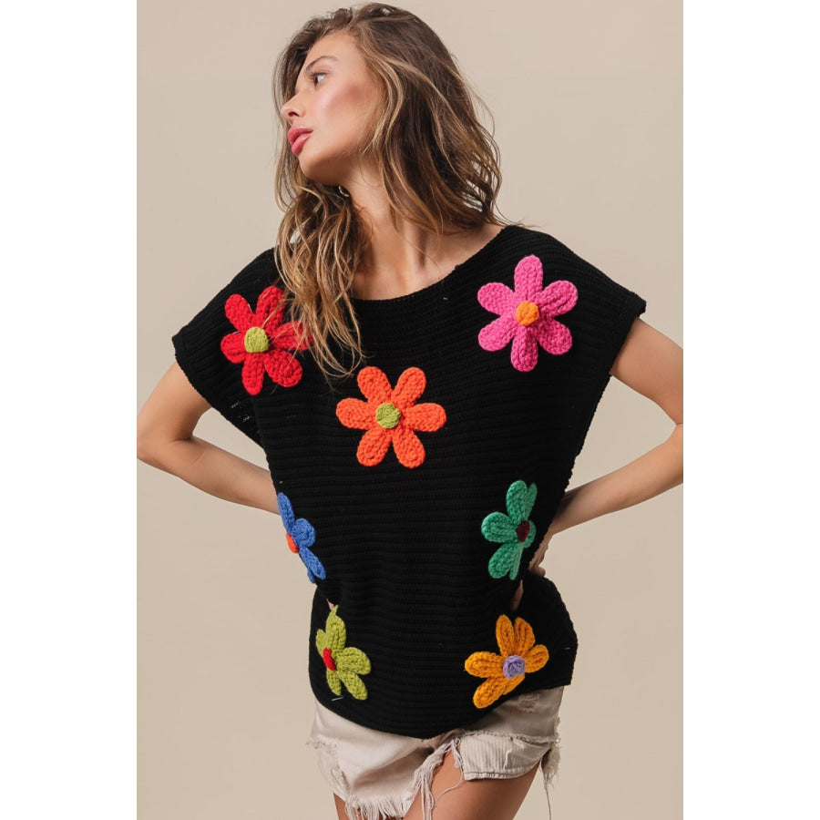 BiBi Flower Round Neck Cap Sleeve Knit Top Apparel and Accessories