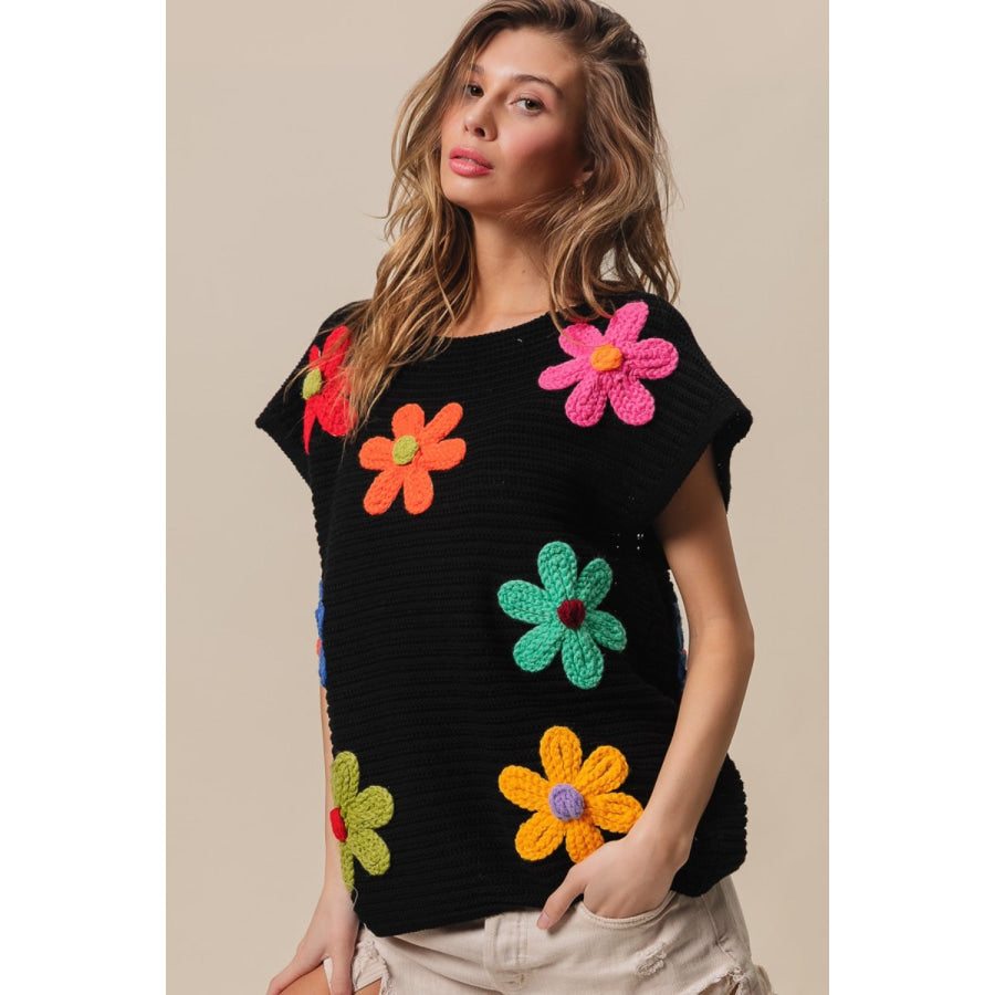 BiBi Flower Round Neck Cap Sleeve Knit Top Apparel and Accessories