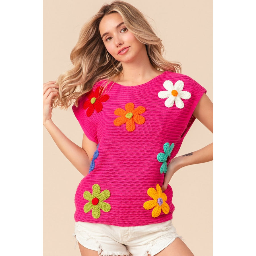 BiBi Flower Round Neck Cap Sleeve Knit Top Fuchsia Multi / S Apparel and Accessories