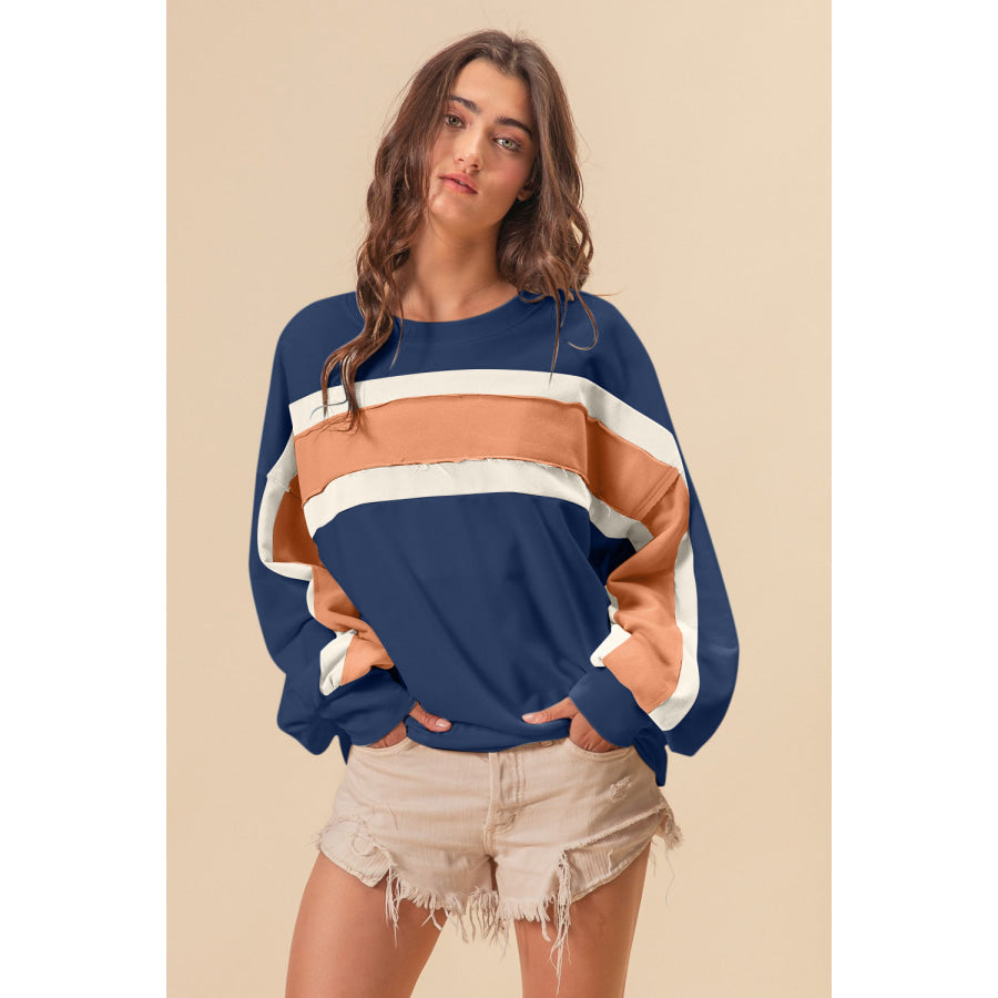 BiBi French Terry Color Block Cut Edge Detail Sweatshirt Apparel and Accessories