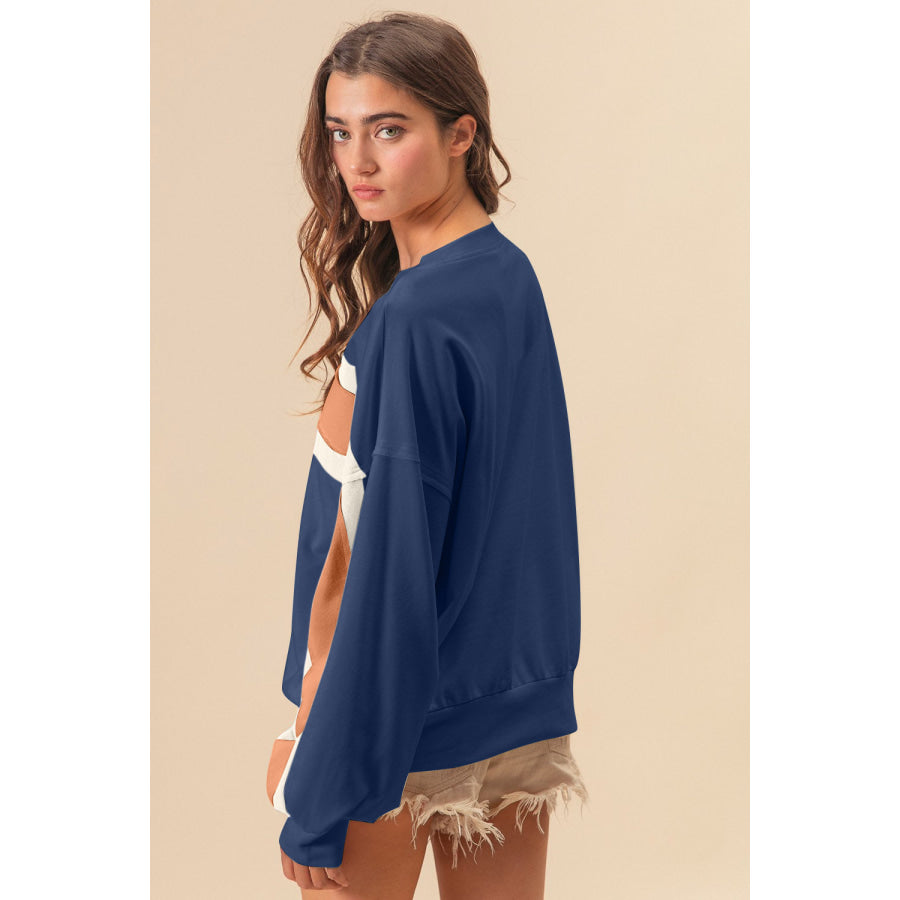 BiBi French Terry Color Block Cut Edge Detail Sweatshirt Indigo/Mustard/Ivory / S Apparel and Accessories