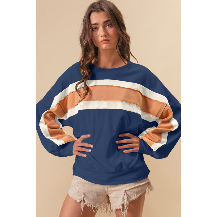 BiBi French Terry Color Block Cut Edge Detail Sweatshirt Indigo/Mustard/Ivory / S Apparel and Accessories