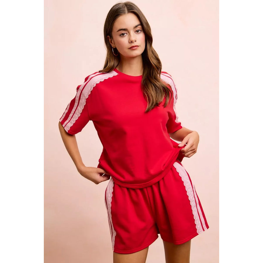 BiBi French Terry Side Lace Detail Short Sleeves Top Apparel and Accessories
