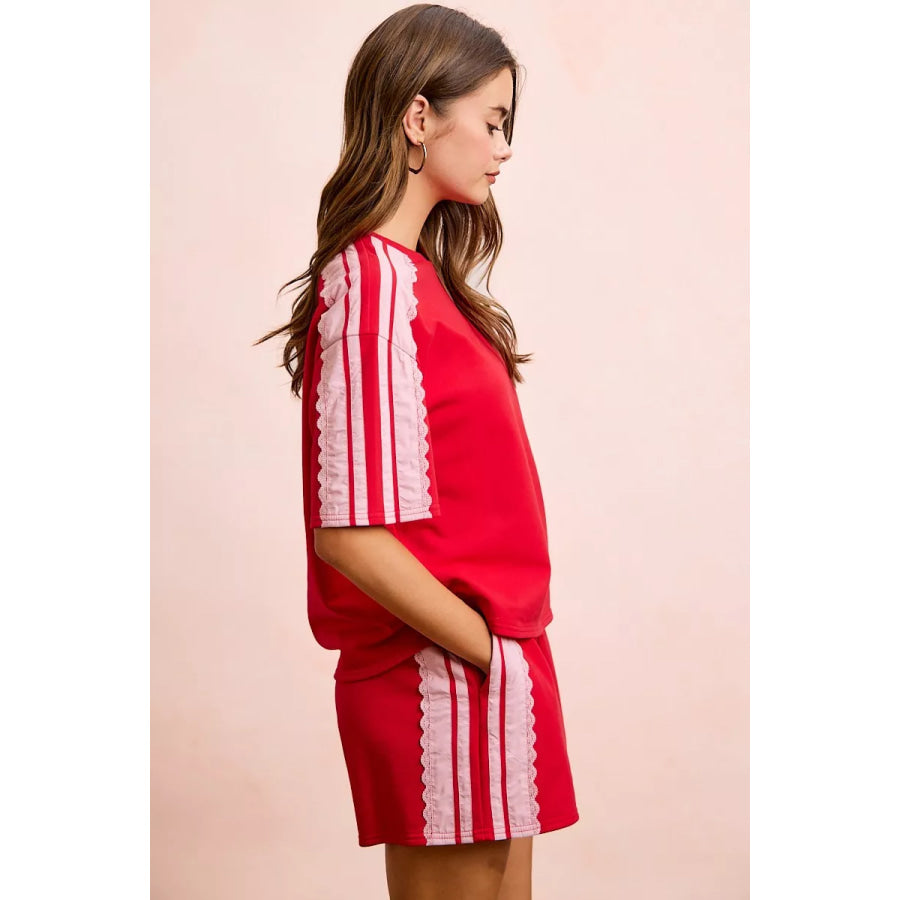 BiBi French Terry Side Lace Detail Short Sleeves Top Apparel and Accessories