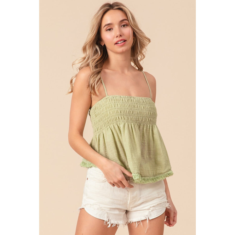 BiBi Fringed Hem Smocked Cami Sage / S Apparel and Accessories