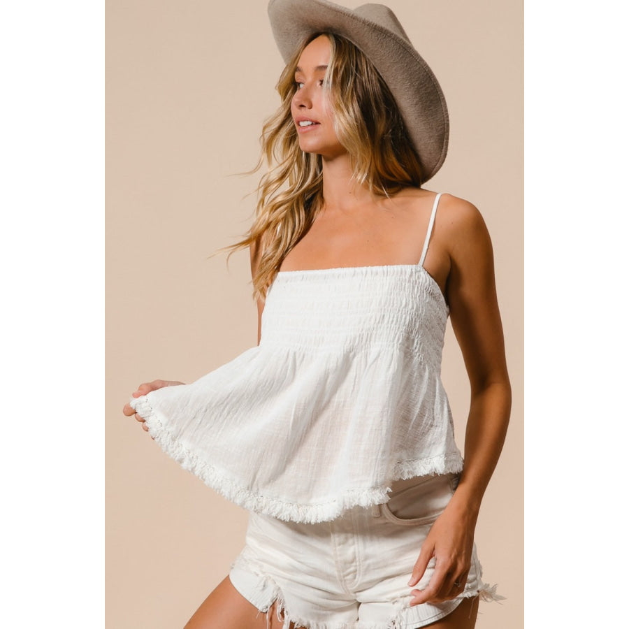 BiBi Fringed Hem Smocked Cami Off White / S Apparel and Accessories