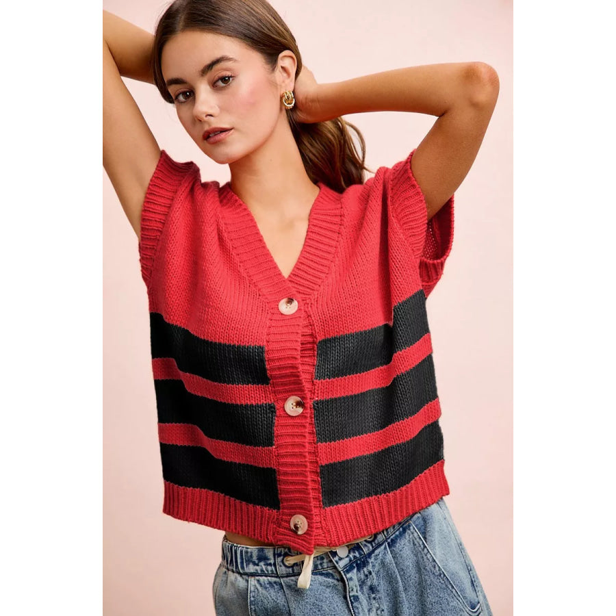 BiBi Game Day Theme Stripe Buttoned V Neck Knit Cardigan RED/BLACK / S Apparel and Accessories