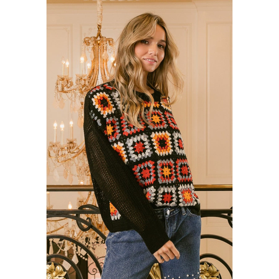 BiBi Granny Square Front Long Sleeve Top Apparel and Accessories