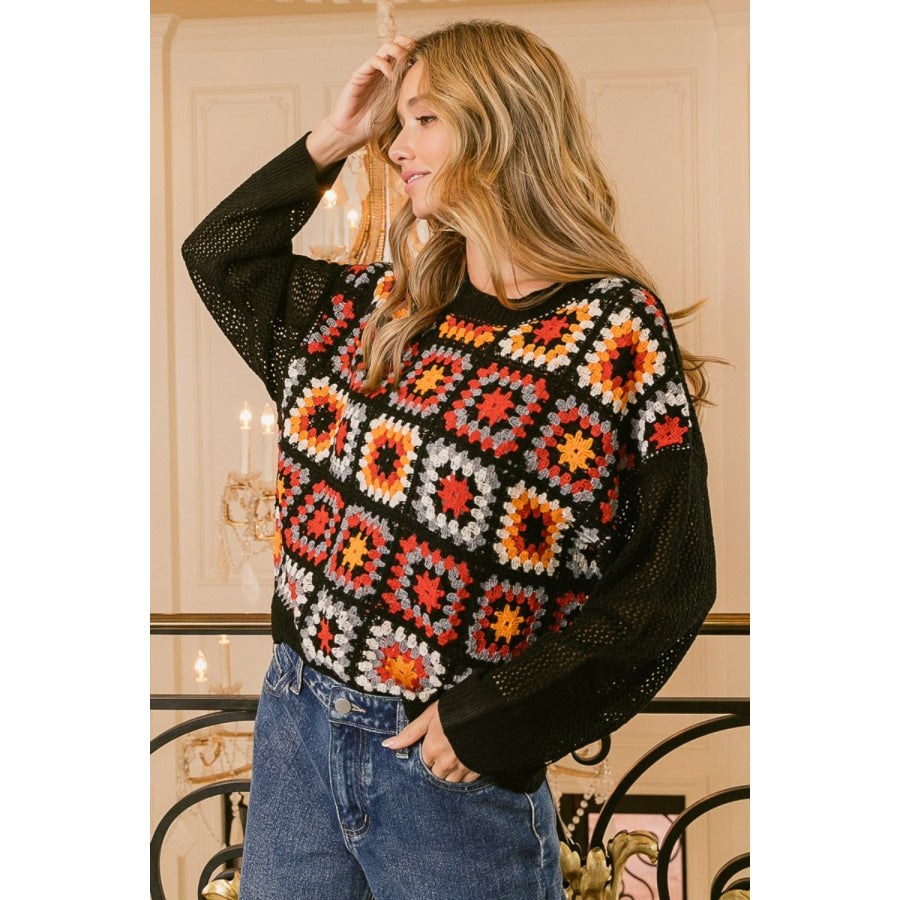 BiBi Granny Square Front Long Sleeve Top Apparel and Accessories