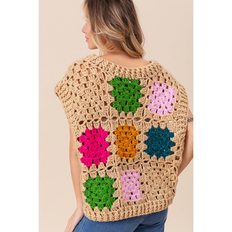 BiBi Granny Square Openwork Sweater Vest Taupe / S Apparel and Accessories