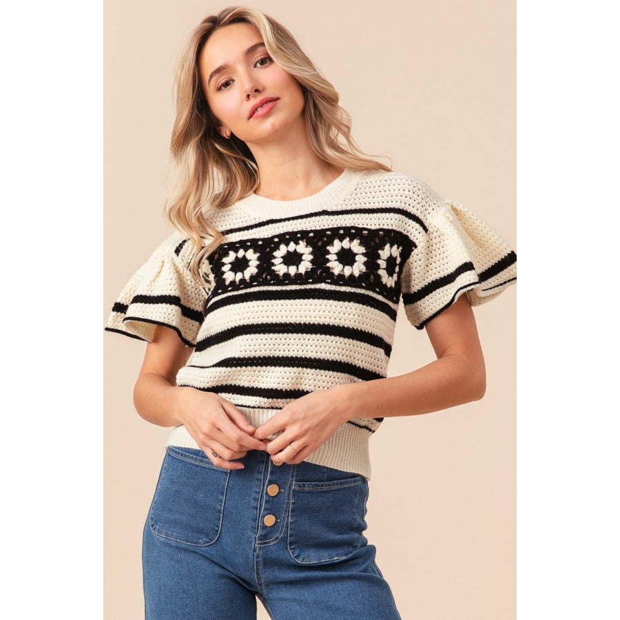 BiBi Granny Square Short Sleeve Striped Sweater Apparel and Accessories