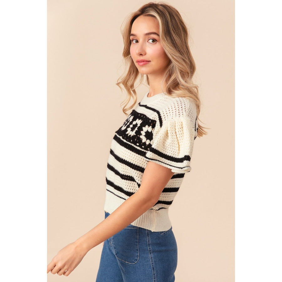 BiBi Granny Square Short Sleeve Striped Sweater Apparel and Accessories