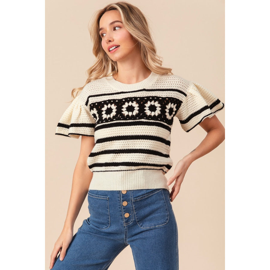 BiBi Granny Square Short Sleeve Striped Sweater Apparel and Accessories