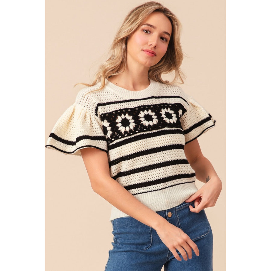 BiBi Granny Square Short Sleeve Striped Sweater Ivory/Black / S Apparel and Accessories