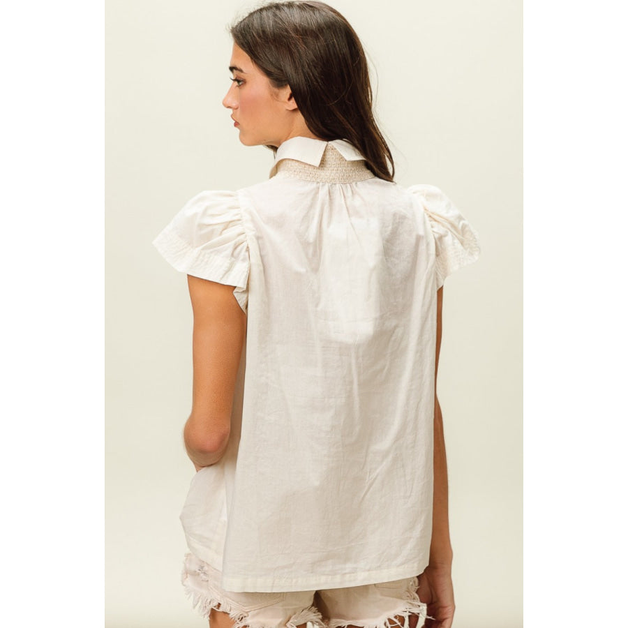 BiBi Half Button Collared Neck Short Sleeve Top Ivory / S Apparel and Accessories