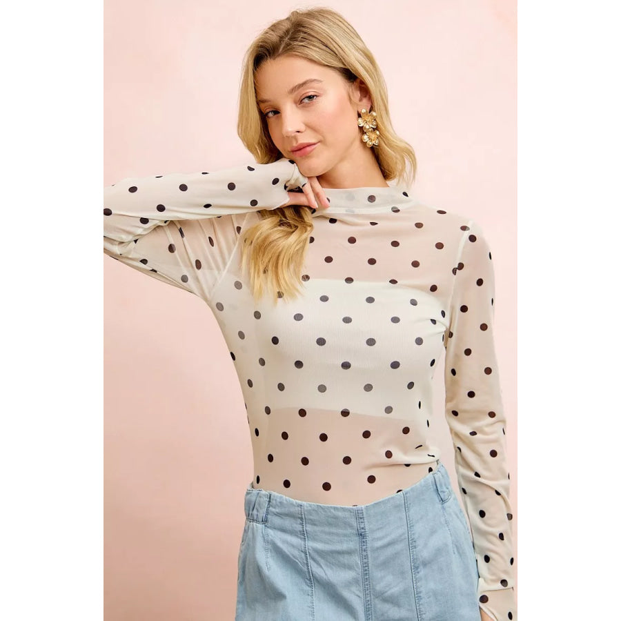 BiBi High Neck Line Polka Dots Mesh Top With Thumb Open Apparel and Accessories