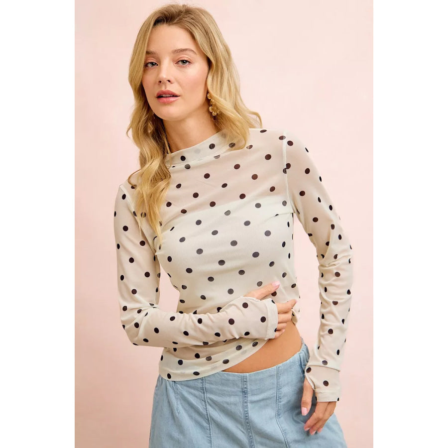 BiBi High Neck Line Polka Dots Mesh Top With Thumb Open Apparel and Accessories