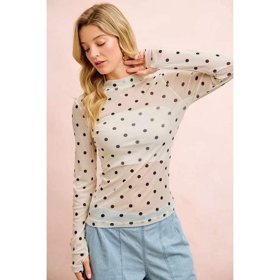 BiBi High Neck Line Polka Dots Mesh Top With Thumb Open Apparel and Accessories