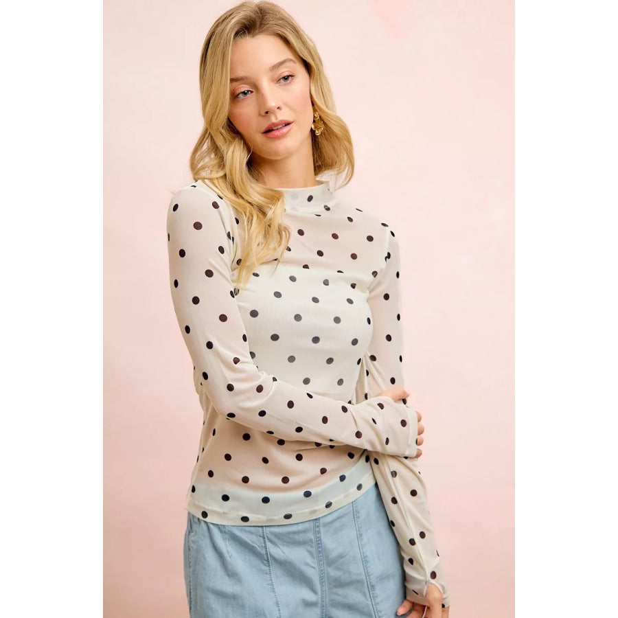 BiBi High Neck Line Polka Dots Mesh Top With Thumb Open Apparel and Accessories