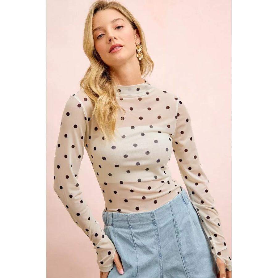 BiBi High Neck Line Polka Dots Mesh Top With Thumb Open Apparel and Accessories