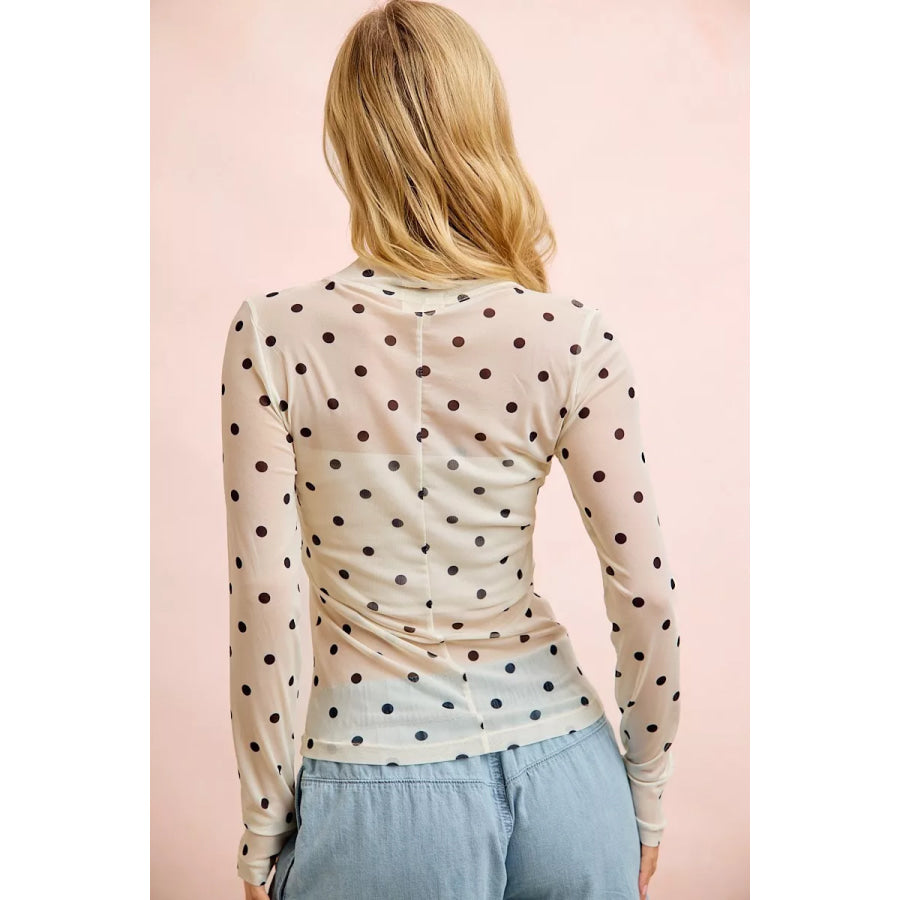 BiBi High Neck Line Polka Dots Mesh Top With Thumb Open Apparel and Accessories