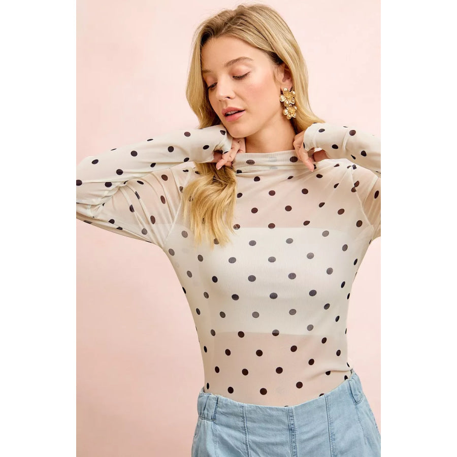 BiBi High Neck Line Polka Dots Mesh Top With Thumb Open Apparel and Accessories