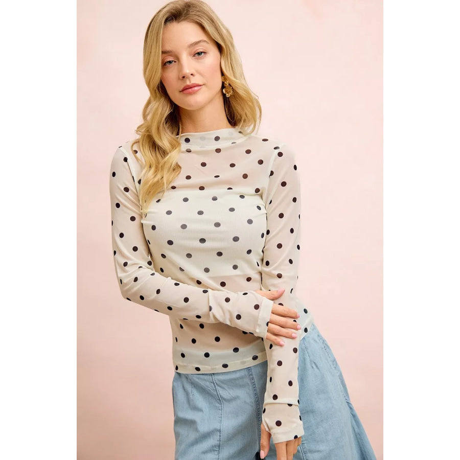 BiBi High Neck Line Polka Dots Mesh Top With Thumb Open Apparel and Accessories
