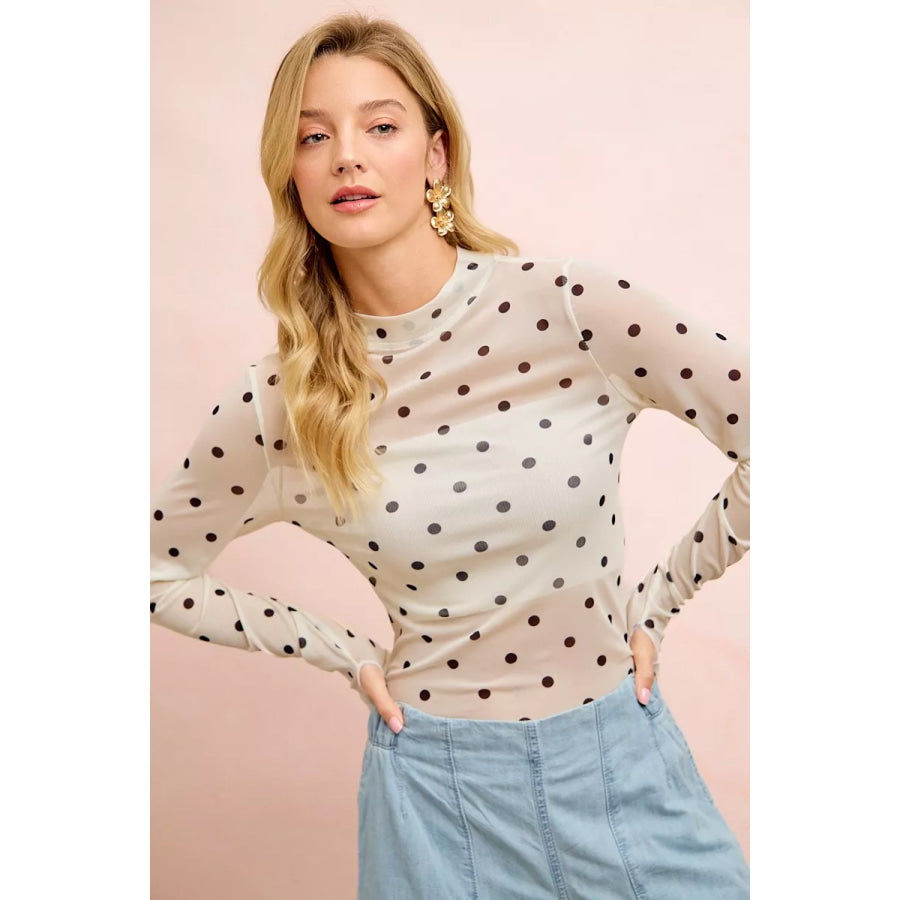 BiBi High Neck Line Polka Dots Mesh Top With Thumb Open Apparel and Accessories