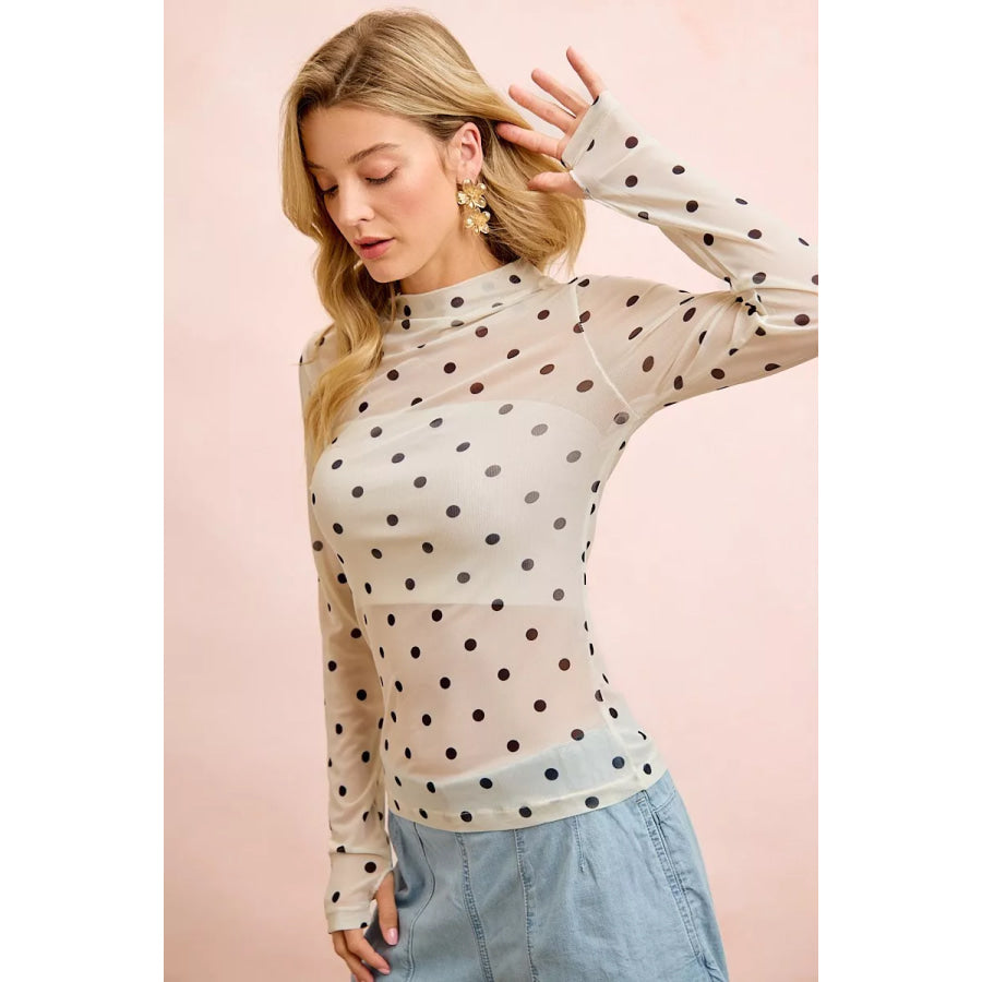 BiBi High Neck Line Polka Dots Mesh Top With Thumb Open Apparel and Accessories