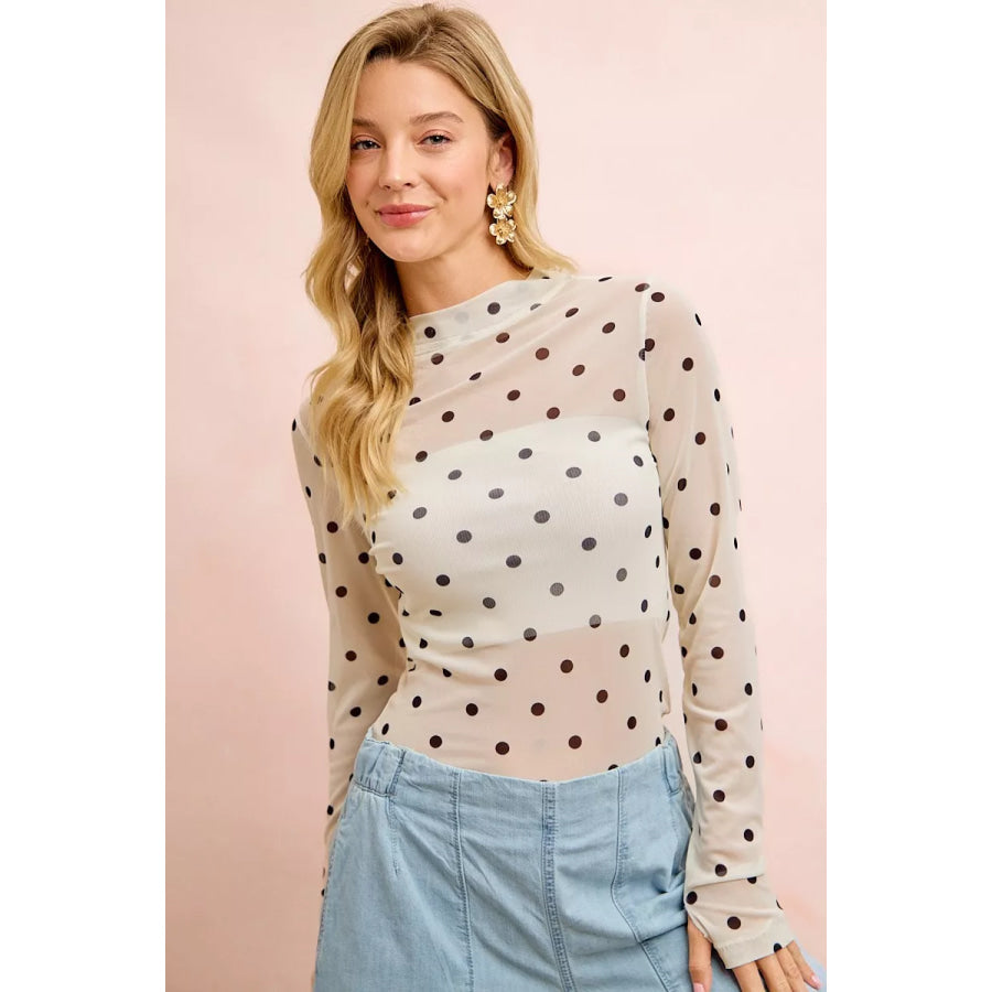BiBi High Neck Line Polka Dots Mesh Top With Thumb Open IVORY/BLACK / S Apparel and Accessories