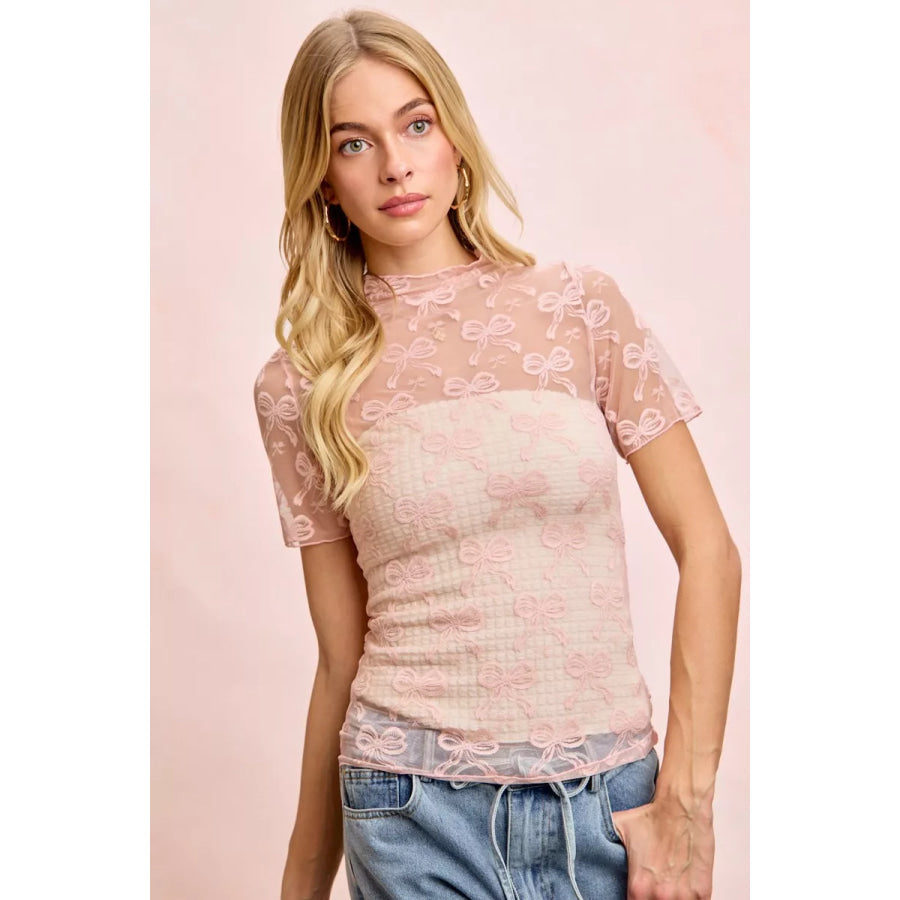 BiBi High Neckline Short Sleeves Bow Pattern Mesh Top Apparel and Accessories